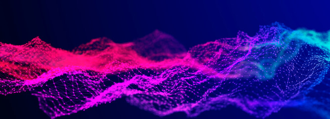 Futuristic wave on dark background. Colored pattern of connection dots and lines. Technology Banner. 3D Widescreen