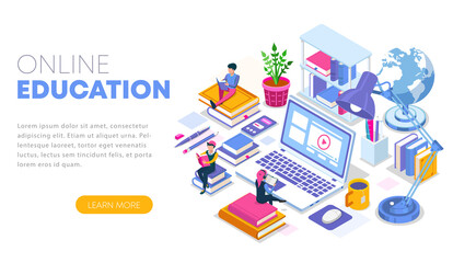 Modern flat design isometric concept of Online Education. Landing page template illustration. Training courses, specialization, tutorials, lectures. Can use for web banner, infographics, and website. - obrazy, fototapety, plakaty