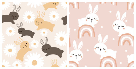Seamless patterns with cute rabbit cartoon, daisy flower and rainbow on cream and yellow backgrounds vector illustration.