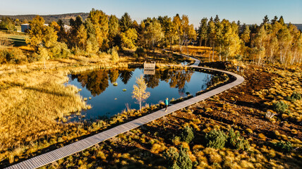 Peat bog near Pernink village in Krusne hory,Ore mountains,Czech Republic.Protected nature reserve.Colorful aerial landscape.Top view drone shot of fresh fall nature.Bog wetlands.Shallow basin