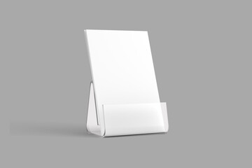 Empty blank white desk calendar with transparent plastic stand. mock up isolated on a grey background. 3d rendering.