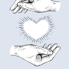 Engraving illustration of a pair of hands making a heart gesture. Abstract concept for love, relationship, self-love, Valentine's day, and friendship. Ready to use vector artwork