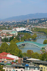 Stunning Aerial View of the Old Tbilisi with the Famous Bridge of Peace and Cable Car, Tbilisi,...