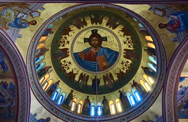 Obraz premium Fresco's of Candlemas Holy Orthodox Metropolitan Chathedral in Fira