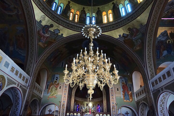 Fototapeta na wymiar Fresco's of Candlemas Holy Orthodox Metropolitan Chathedral in Fira