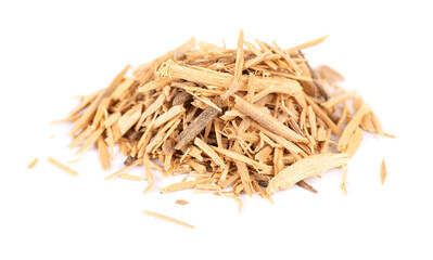 Muira Puama herbal tea, isolated on white background. Natural potency wood, medicinal plant, dry tea. Ptychopetalum olacoides.