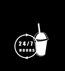 Drawing  of 24 Hours a day service icon symbol and cup of ice coffee with straw for takeaway on black background,  food and drink for takeout concept..