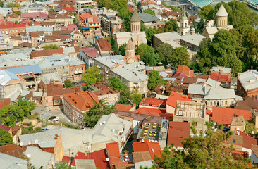 Fototapeta na wymiar Amazing Aerial View of The Old Tbilisi with Many of Orthodox Churches, Georgia