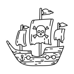 Pirate ship sketch. Doodle hand drawn illustration. Vector line icon