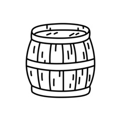 Wooden barrel. Pirate item sketch. Doodle hand drawn illustration. Vector line icon