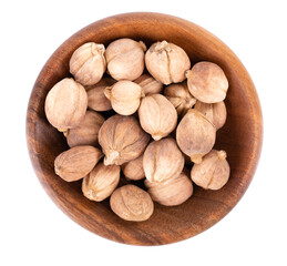 Heap of white cardamom pods in wooden bowl, isolated on white background. Kapulaga Jawa or Javanese cardamom. Amomum kepulaga. Clipping path. Top view.