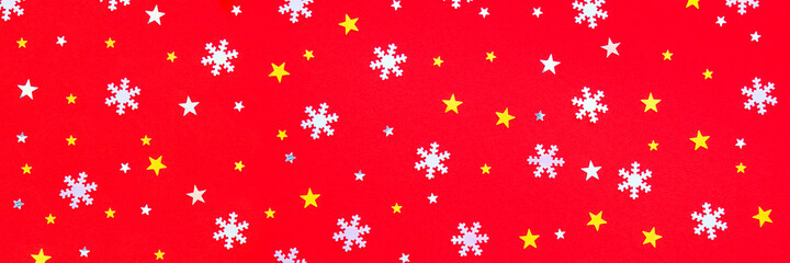 New Year banner, on a red background gold and silver stars and snowflakes. Great for Christmas.