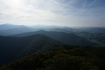Obraz premium Wonderful landscape view: Green forest and Hills in lower austria. View from Hocheck moutain.