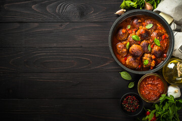 Meatballs in tomato sauce in a skillet on dark wooden table with ingredients. Top view with copy space.