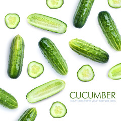 Cucumber set isolated on white background. Top view. Flat lay pattern