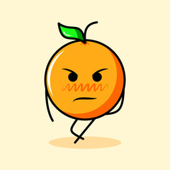 cute orange character with leaf, cool expression. cartoon, emoticon, modern, fresh, outline and mascot logotype. suitable for logo, icon and sign