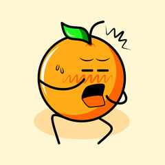 cute orange character with leaf, afraid expression, close eyes and sit down. cartoon, emoticon, modern, fresh, outline and mascot logotype. suitable for logo, icon and sign