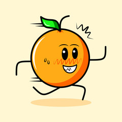 cute orange character with leaf, smile expression and run. cartoon, emoticon, modern, fresh, outline and mascot logotype. suitable for logo, icon and sign