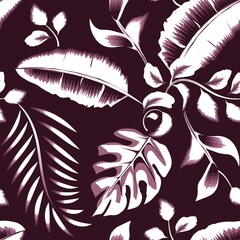 Hand drawn illustration with tropical seamless pattern in monochromatic color style with bright plants leaves. fashionable texture. vector design decorative. Exotic tropics. Summer