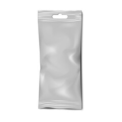 Blank sachet pouch packet with euro slot isolated on white background - vector mockup. Plastic, foil or paper wrapping bag for retail product - mockup. Template for packaging design