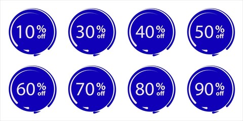 Discount labels set, 10% off, 20%, 30%, 40, 50, 60, 70, 80, 90 percent off label symbols, sale tags, clearance sale sticker, vector badges template, offer price