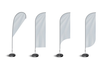 Feather Flag banner stand display mock up isolated on white background. Realistic Detailed 3d Color Blank Expo Stand Flag Empty Template Mockup Set for Trade. 3d rendering.