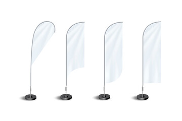 Feather Flag banner stand display mock up isolated on white background. Realistic Detailed 3d Color Blank Expo Stand Flag Empty Template Mockup Set for Trade. 3d rendering.