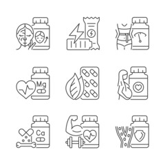 Fototapeta na wymiar Food supplements linear icons set. Dietary supplements for women. Pills for athletes. Vitamin source. Customizable thin line contour symbols. Isolated vector outline illustrations. Editable stroke
