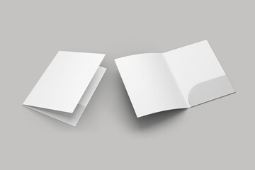 Empty blank cardboard paper open folder with letterheads inside. Front cover and opened with paper inside. Mock up isolated on a white background. 3d rendering. - obrazy, fototapety, plakaty