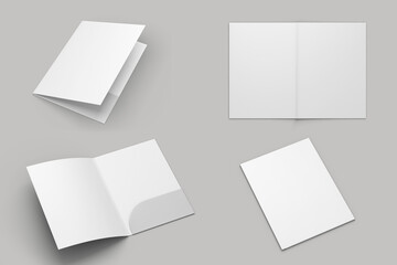 Empty blank cardboard paper open folder with letterheads inside. Front cover and opened with paper inside. Mock up isolated on a white background. 3d rendering.