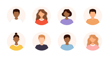 Set of diverse avatars of business team people. Collection of portraits of men and women in a round frame. Vector illustration of faces. No face.