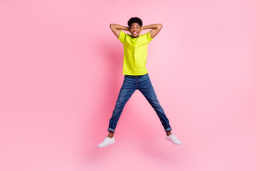 Fototapeta na wymiar Top above high angle view photo of young afro guy happy positive smile rest break fly isolated over pink color background