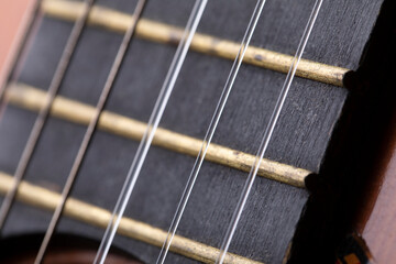 A close-up of frets and strings on the neck of a classical acoustic guitar