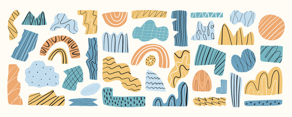 Big set of different abstract paper shapes with torn edge texture. Doodle fragments. Hand drawn vector art, print, design elements and decoration. 