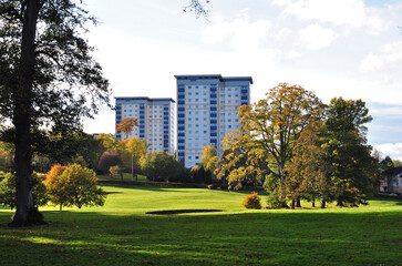 View of Modern High Rise Apartment Buildings from Wooded Public Park on Sunny Day