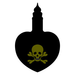 Poison bottle. Silhouette. Heart shaped vessel. Green emblem on a bottle of skull and bones. The bottle is closed with a stopper. Vector illustration. A miraculous drink. Witch potion in a flask. 