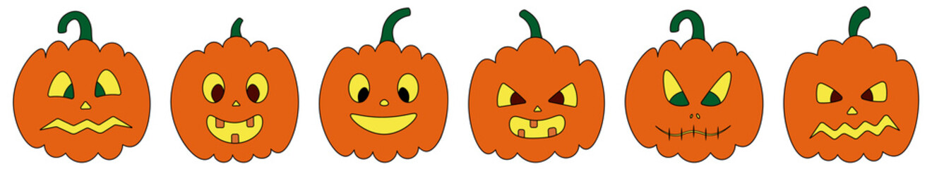 Pumpkin. Faces. Orange vegetable backlit. Vector collection with various grimaces. Set of illustrations. Cartoon style. Angry, smiling, scared. Isolated white background. Halloween symbol. Jack-lanter