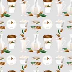Seamless pattern with almond milk, coffee, yogurt.. Alternative organic milk products. No dairy allergy. Vegan and plant-based drinks. For wrapping paper and decor.