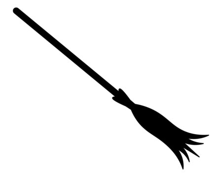 Broom. Silhouette. The flying apparatus of the witch. Vector illustration. Isolated white background. Halloween symbol. A mop for sweeping debris off the floor. Wooden tool. 