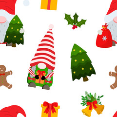 Cute Christmas gnomes with trees, presents, bells, gingerbread man cookies, holly berries. Vector seamless pattern. Isolated on white background. Perfect for wrapping paper, textile and prints.