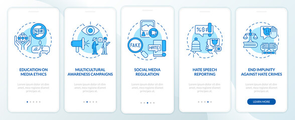 Dealing with hate speech onboarding mobile app page screen. Media ethics walkthrough 5 steps graphic instructions with concepts. UI, UX, GUI vector template with linear color illustrations - obrazy, fototapety, plakaty