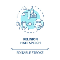Religion hate speech blue concept icon. Rights violation abstract idea thin line illustration. Religious hate incident. Targeting non-believers. Vector isolated outline color drawing. Editable stroke