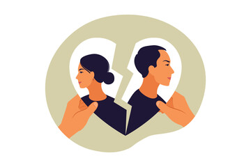 Concept of divorce, misunderstanding in family. Disagreement, relationship troubles. Man and woman in a quarrel. Conflicts between husband and wife. Vector. Flat