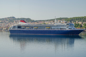 Classic luxury cruiseship or cruise ship liner Braemar in Port of Argostoli, Kefalonia during...