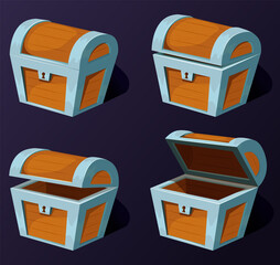 Cartoon treasure chest. Wooden chests, animation open empty wood box. Closed ancient chest with lock. Game wooden box with open cover vector icons