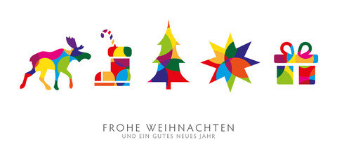 Fototapeta na wymiar Weihnachtskarte mit bunten dekorativen Weihnachtsmotiven auf weißem Hintergrund - deutscher Text - Frohe Weihnachten und ein gutes neues Jahr