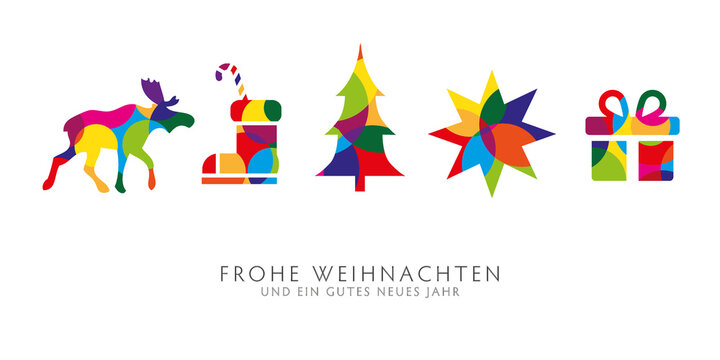 Weihnachtskarte mit bunten dekorativen Weihnachtsmotiven auf weißem Hintergrund - deutscher Text - Frohe Weihnachten und ein gutes neues Jahr