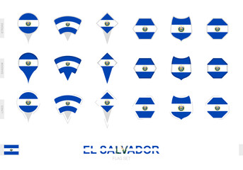 Collection of the El Salvador flag in different shapes and with three different effects. - obrazy, fototapety, plakaty