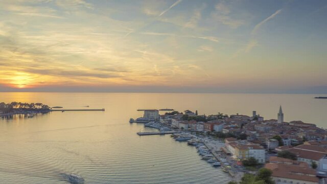 Drone time-lapse video of sunset over Croatian coastal town Porec