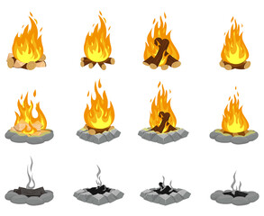 Wood campfire. Outdoor bonfire, fire burning wooden logs and camping stone fireplace. Bonfires isolated vector illustration.